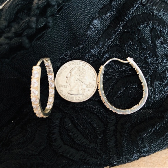 Large 925 Silver inside outside CZ Hoop Earrings - Picture 7 of 8